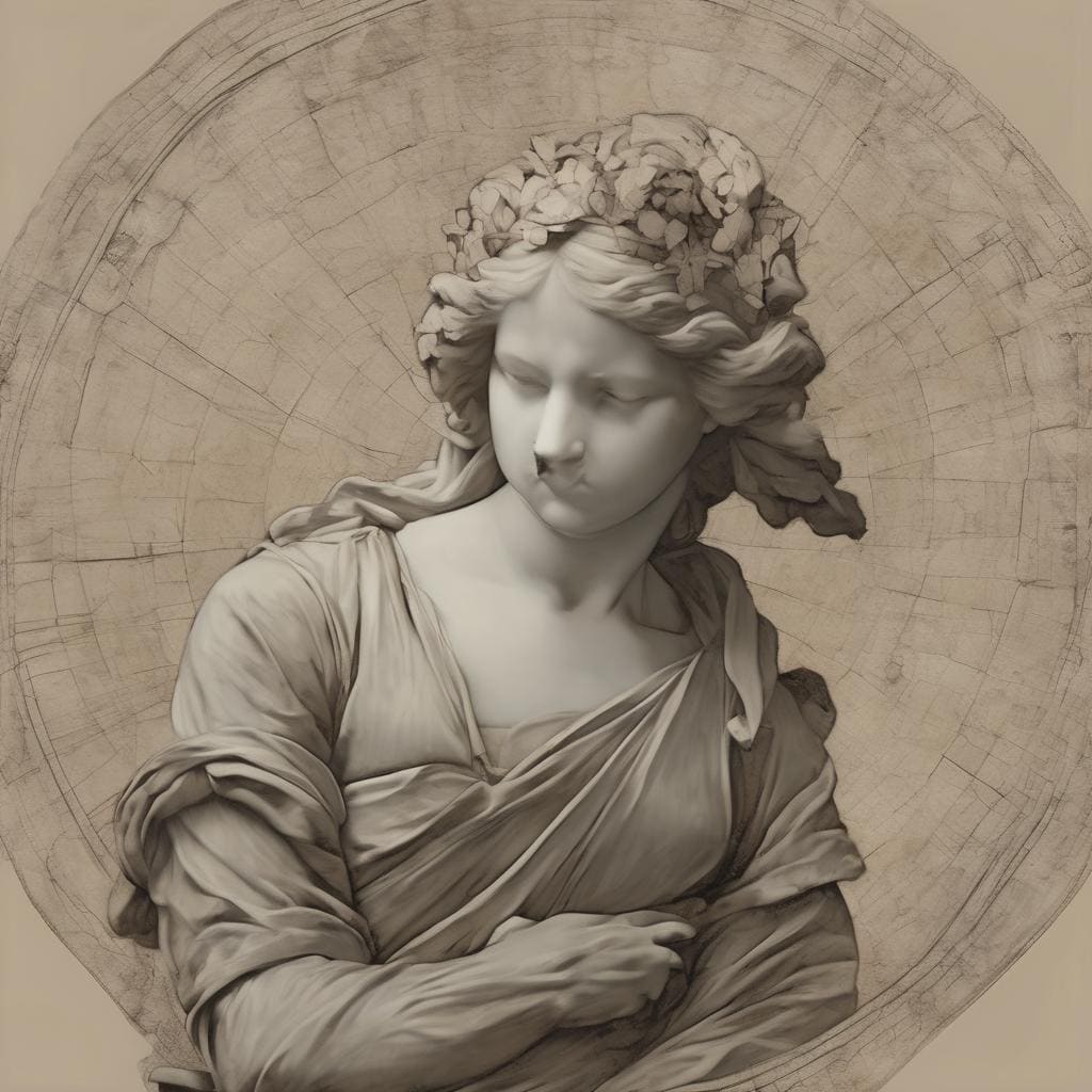 Θεϊκή γυναικεία μορφή σε ασπρόμαυρη γραφιστική απεικόνιση, εμπνευσμένη από την τέχνη και την ιστορία της.