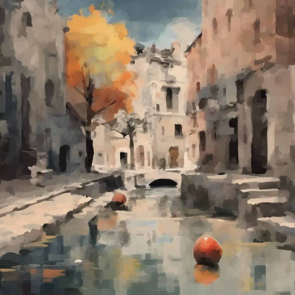 Γραφικό τοπίο πόλης με ποτάμι και παλιά κτήρια, εικαστικό έργο για την ιστορία της τέχνης.