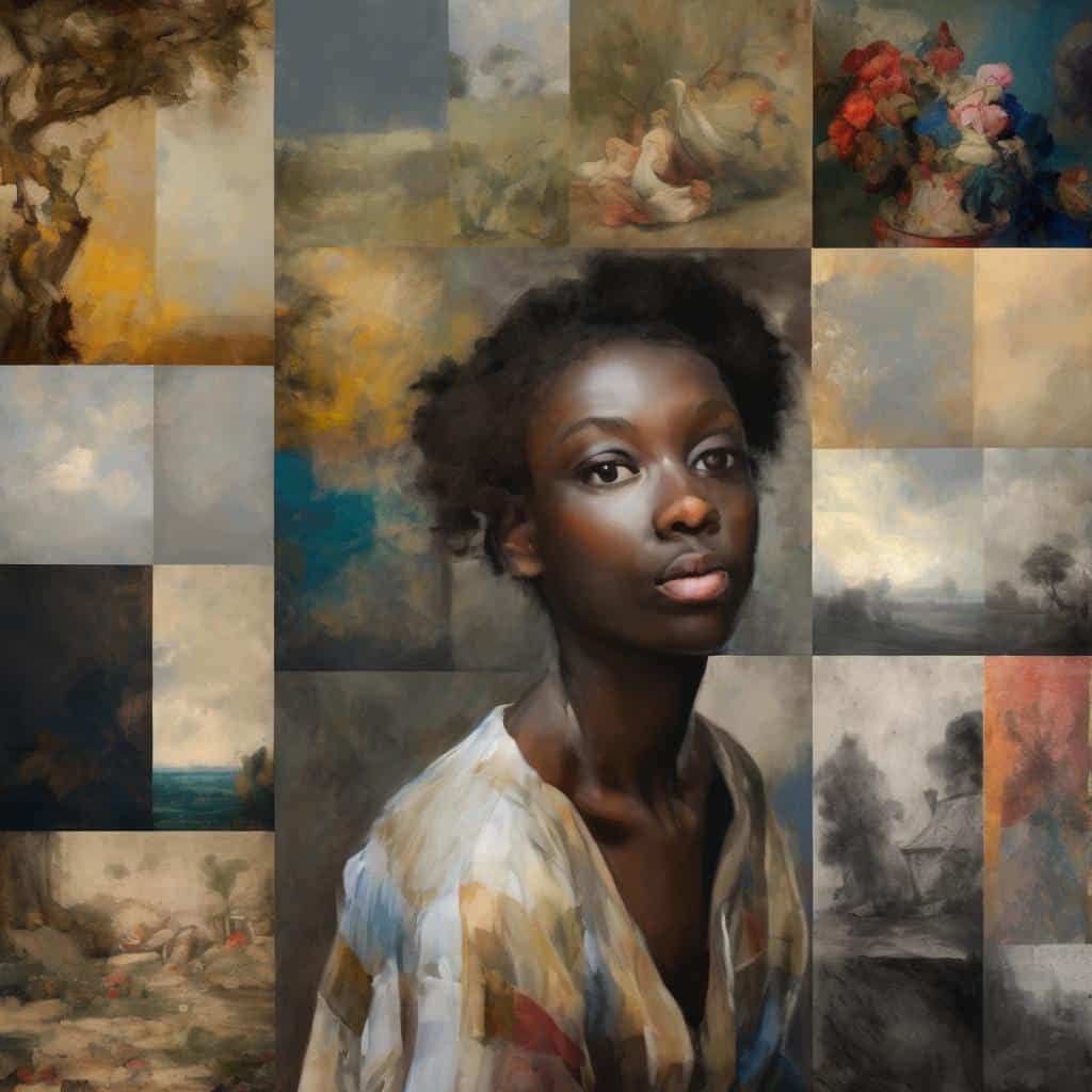 Εικόνα πορτρέτου νέας γυναίκας με πίνακες τέχνης στο φόντο, αναδεικνύοντας την ιστορία της τέχνης και τη σύγχρονη τέχνη, με έμφαση στη ζωγραφική.
