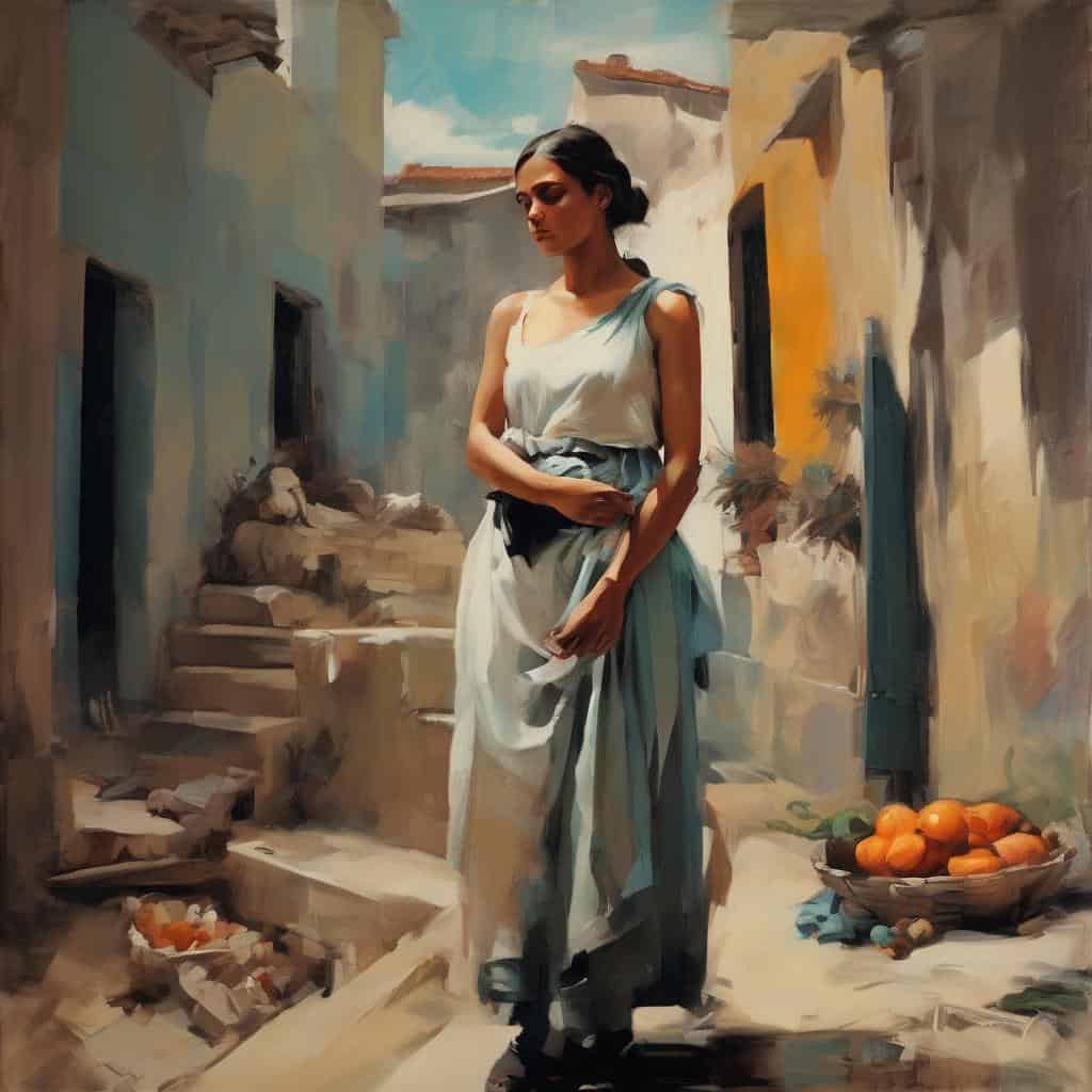 Μοντέρνα εικαστική απεικόνιση γυναίκας σε παραδοσιακή γειτονιά, τέχνη, εικόνα, έργα τέχνης, ιστορία της τέχνης.