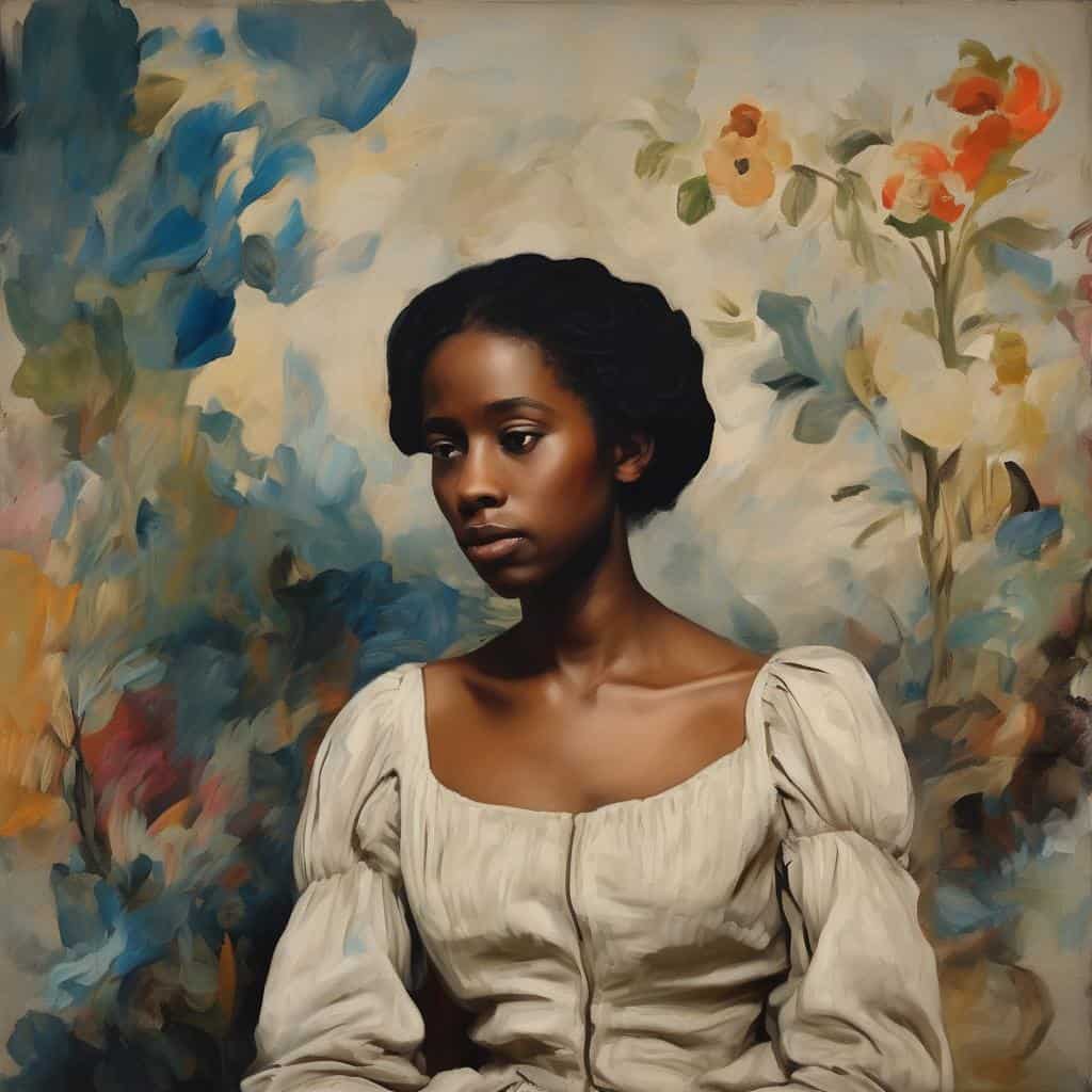 Ανθρώπινη γυναίκα πορτρέτο με μαύρα μαλλιά και μπλε και πορτοκαλί λουλούδια στο φόντο, σύγχρονη τέχνη και ιστορία της τέχνης.